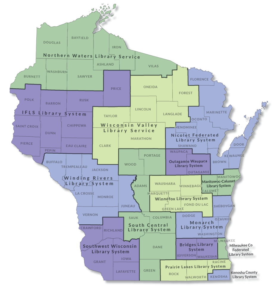 Map of Wisconsin with the 15 library systems highlighted