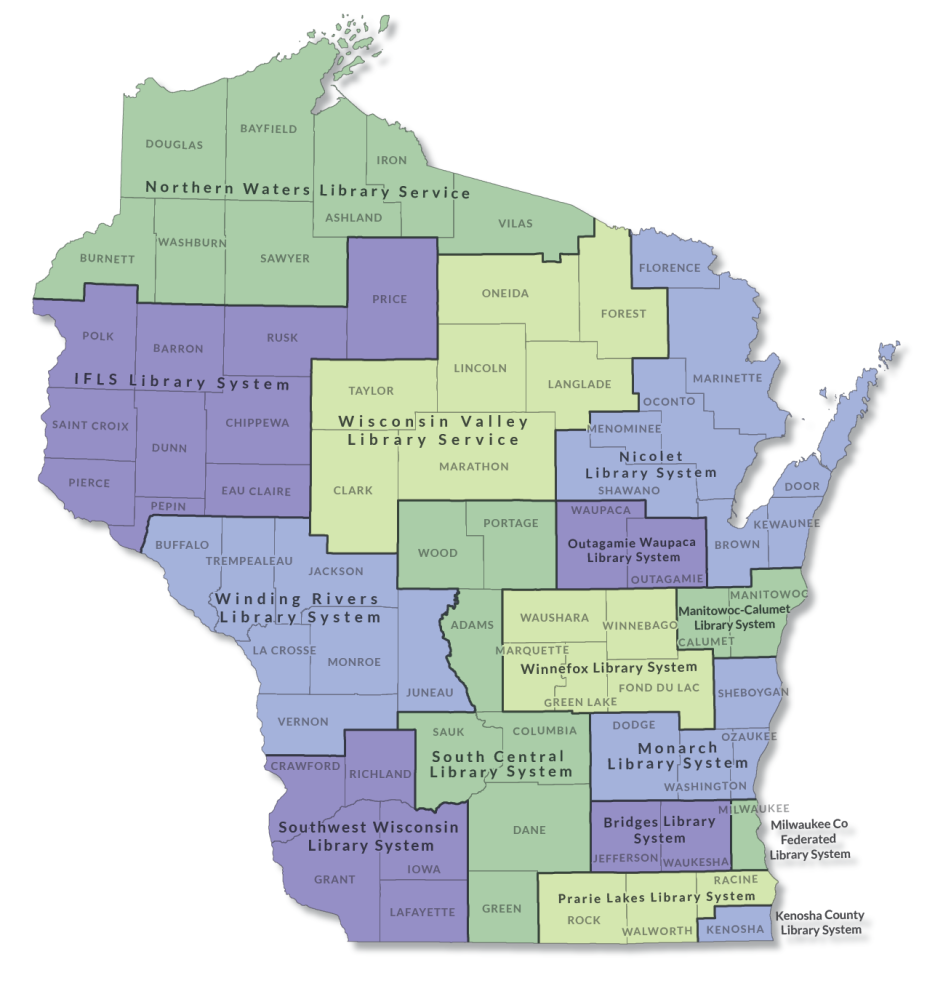 Map of Wisconsin with the 15 library systems highlighted